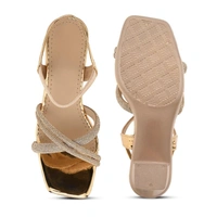 Stepee Casual & Fancy Embellished Party Wear Open Toe Block Heel Sandal with Slingback Ankle Strap for women - 38, Gold