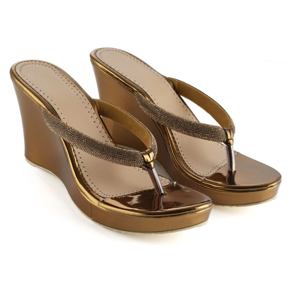 Stepee Casual & Fancy Embellished T-strap Open Toe Slip on Open Back Platform Heel Sandal for Women - 36, Copper