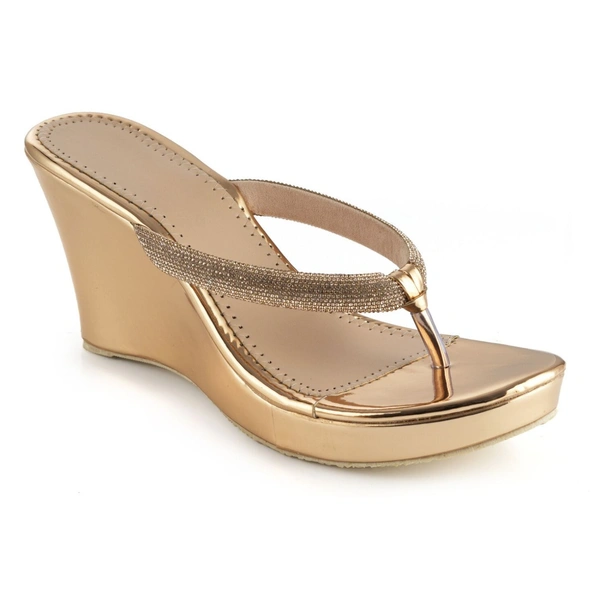 Stepee Casual & Fancy Embellished T-strap Open Toe Slip on Open Back Platform Heel Sandal for Women - 41, Gold