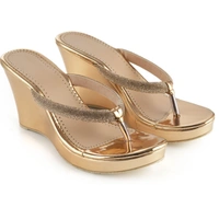 Stepee Casual & Fancy Embellished T-strap Open Toe Slip on Open Back Platform Heel Sandal for Women - 41, Gold