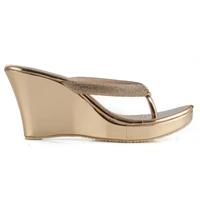 Stepee Casual & Fancy Embellished T-strap Open Toe Slip on Open Back Platform Heel Sandal for Women - 41, Gold