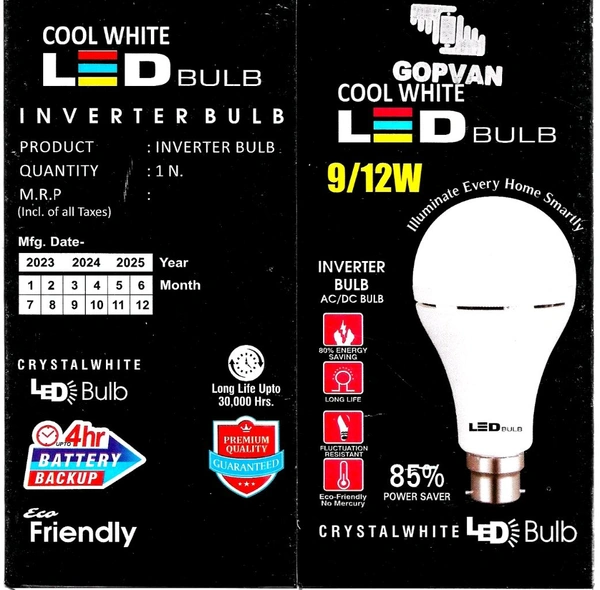 Gopvan Rechargeable 9W LED Emergency Inverter Bulb, Cool White (Base B22) - White, 22