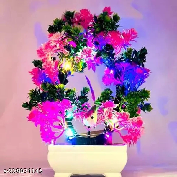 Artificial Bonsai Tree with Sparrow Pot for Home Decor Living Room Office Desk Top Mini Decorative Indoor Plants with Pots Led Light (Pink & Multi, 23.5 CM)