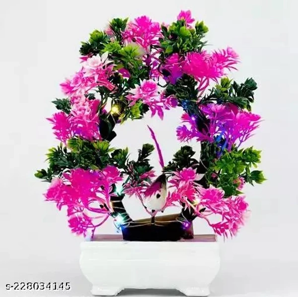 Artificial Bonsai Tree with Sparrow Pot for Home Decor Living Room Office Desk Top Mini Decorative Indoor Plants with Pots Led Light (Pink & Multi, 23.5 CM)