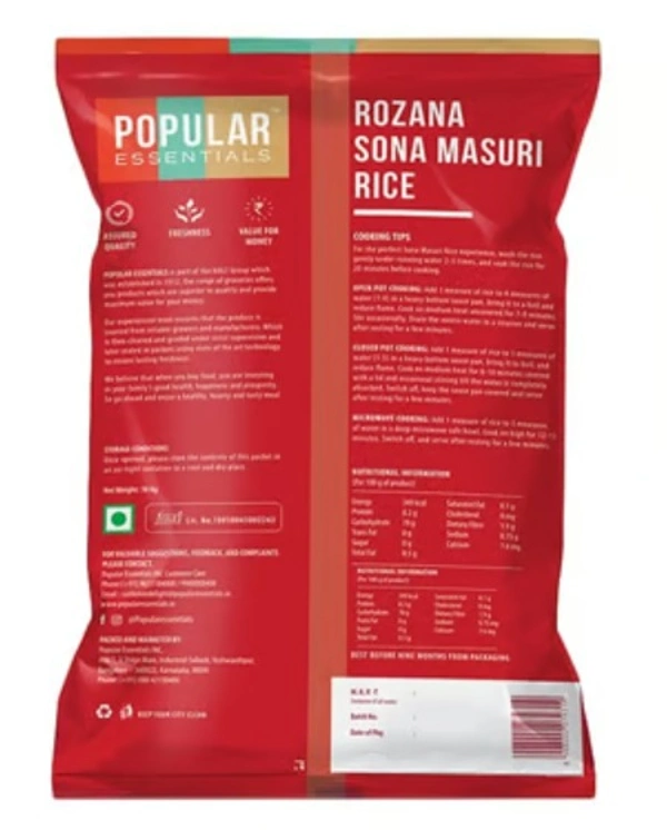 Popular Essentials Rozana Sona Masuri / Masoori Raw Rice - 10kg