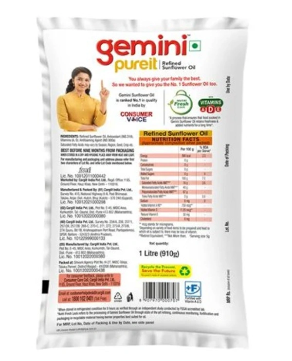 Gemini Pureit Refined Sunflower Oil, 1ltr