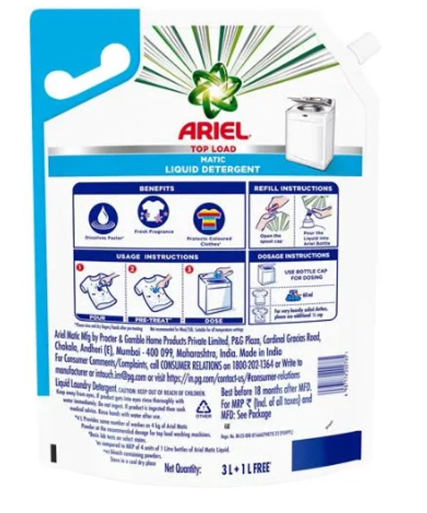 Ariel Matic Top Load Liquid Detergent Refill Pouch, 4L(3L+1L)