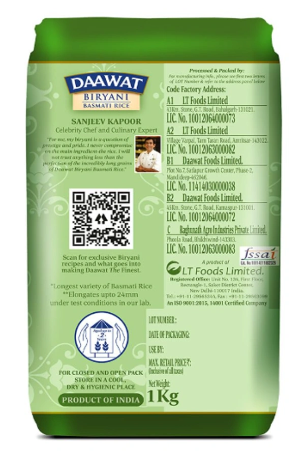 Daawat Biryani Basmati Rice, Worlds Longest Grains - 1kg