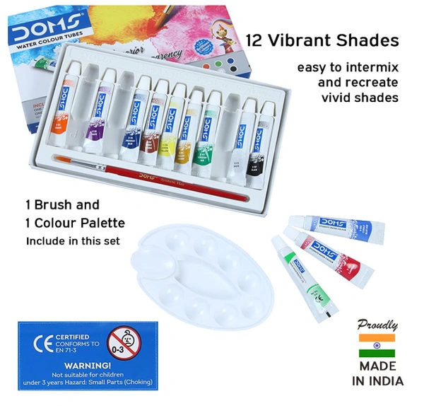 Doms Water Color Tubes, Superior Transparency - 12Shades