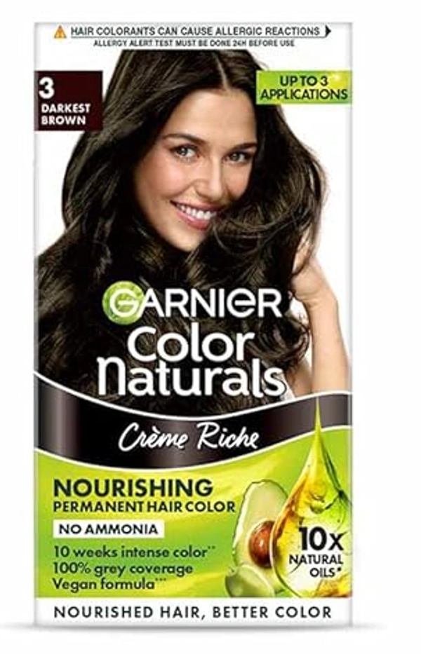 Garnier Color Naturals Crème Hair Colour, 35ml ml + 30gm, Shade 3 Darkest Brown