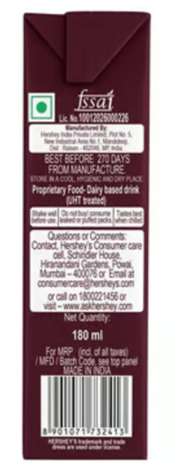 Hersheys Milk Shake Chocolate Flavor Milk - 180ml