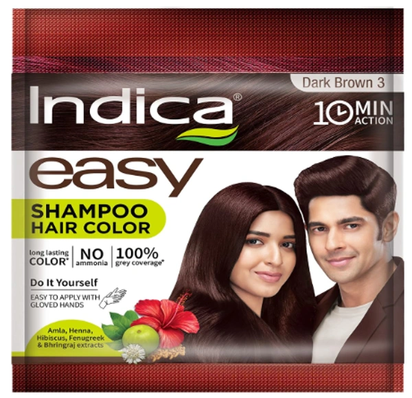 Indica Easy Shampoo Hair Color, Dark Brown 3, 10Min Action - 25ml