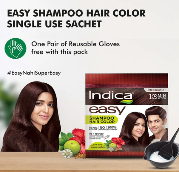 Indica Easy Shampoo Hair Color, Dark Brown 3, 10Min Action - 25ml