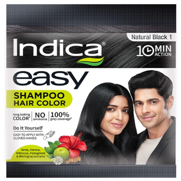 Indica Easy Shampoo Hair Color, Natural Black,10 Min Action-Buy 3 Get 1 Free - 100ml(4x25ml)