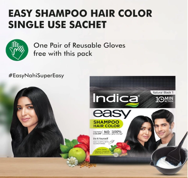 Indica Easy Shampoo Hair Color, Natural Black,10 Min Action-Buy 3 Get 1 Free - 100ml(4x25ml)