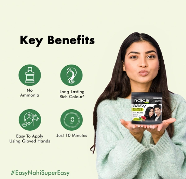 Indica Easy Shampoo Hair Color, Natural Black,10 Min Action-Buy 3 Get 1 Free - 100ml(4x25ml)