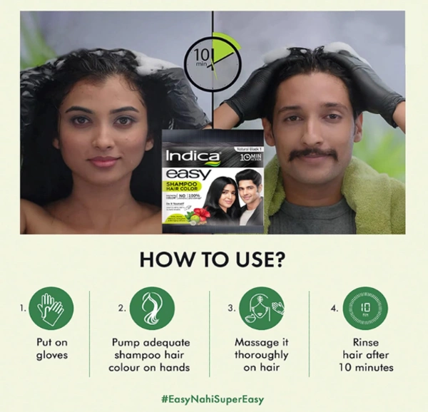 Indica Easy Shampoo Hair Color, Natural Black,10 Min Action-Buy 3 Get 1 Free - 100ml(4x25ml)
