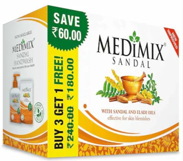 Medimix with Sandal and Eladi Oils Soap, Buy 3 Get 1 Free - 500gm(3Nx125gm + 1Nx125gm)