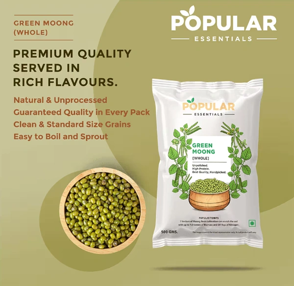 Popular Essentials Green Moong whole, 500gm