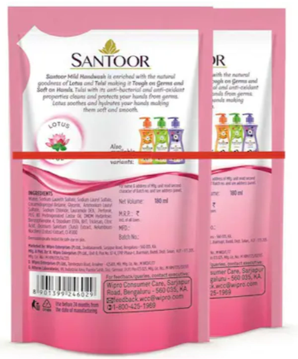Santoor Gentle Hand Wash Mild Lotus & Tulsi, Buy 1 Get 1 Free - 180ml+180ml