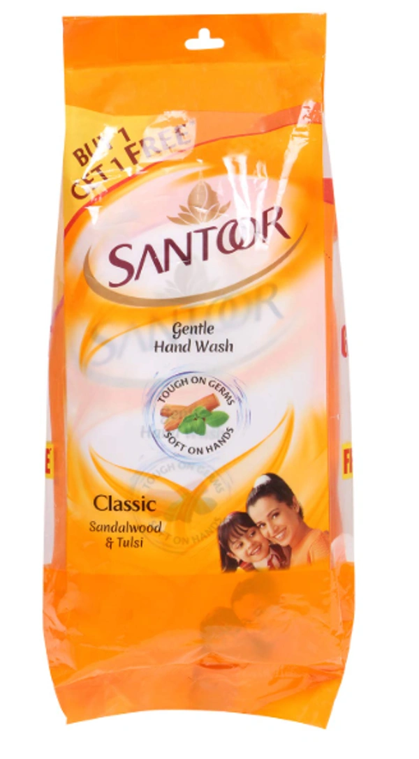 Santoor Gentle Hand Wash Classic,Sandal Wood Tulsi, Buy 1 Get 1 Free - 360ml
