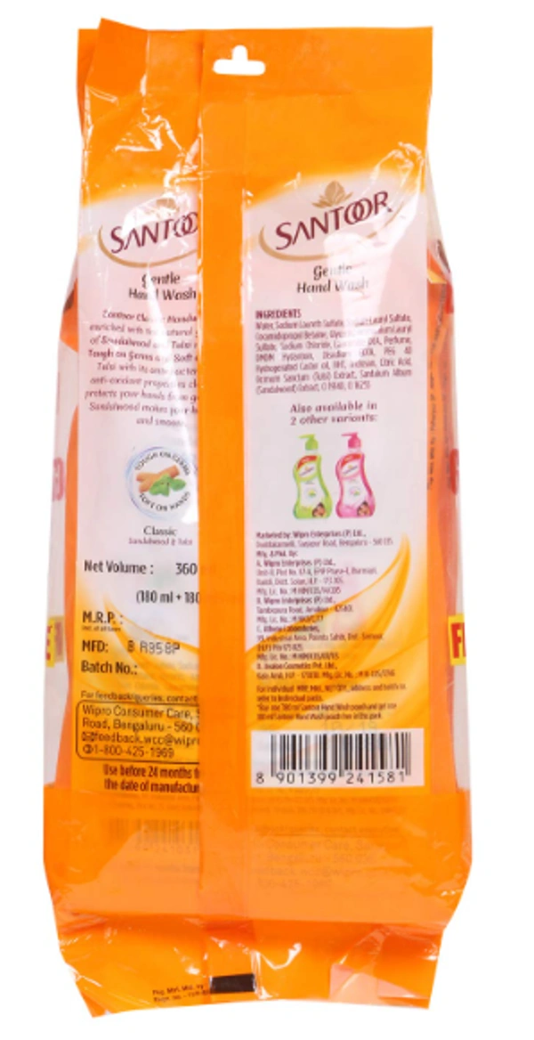 Santoor Gentle Hand Wash Classic,Sandal Wood Tulsi, Buy 1 Get 1 Free - 360ml