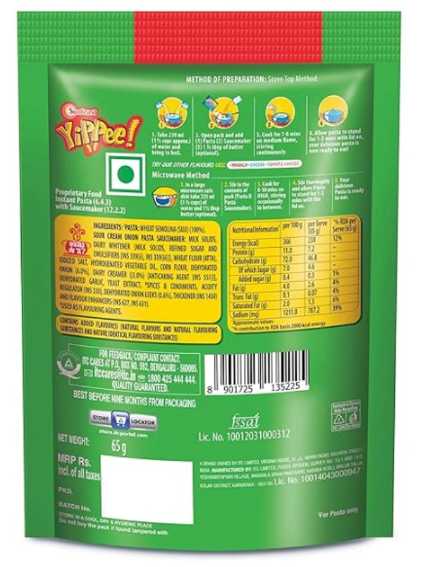 Sunfeast Yippee Pasta Treat,100% Suji,Sour Cream Onion-65gm