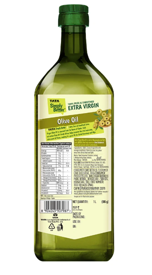 Tata Simply Better 100% Pure & Unrefined Extra Virgin Olive Oil - 1ltr