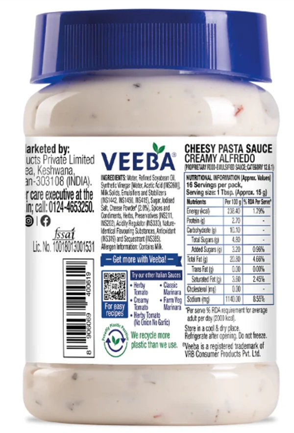 Veeba Cheesy Pasta Sauce, Creamy Alfredo-250gm