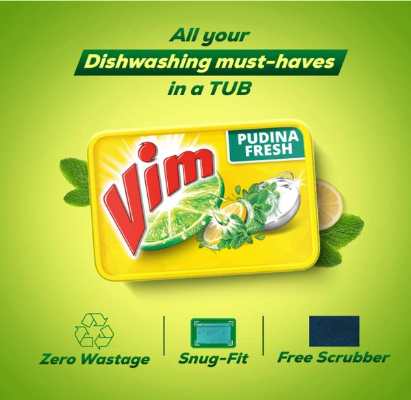 Vim Dishwash Pudina Fresh Tub, Free Scrubber-500gm