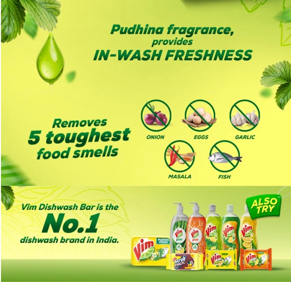Vim Dishwash Pudina Fresh Tub, Free Scrubber-500gm