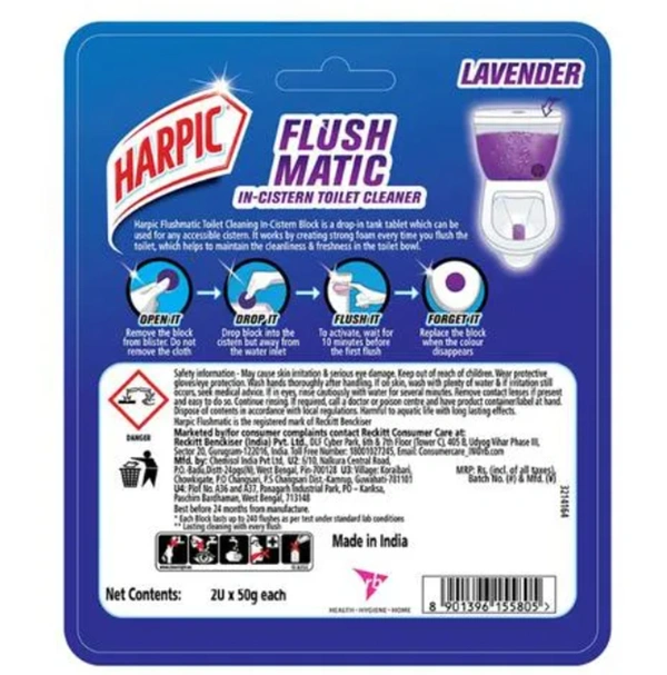 Harpic Flush Matic In-Cistern Toilet Cleaner - Lavender, 2U x 50gm