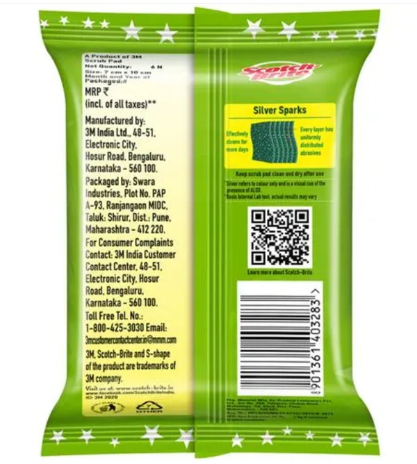 Scotch Brite Super Sliver Sparks Scrub pad , Scrubber for Utensils cleaning - 6 pads