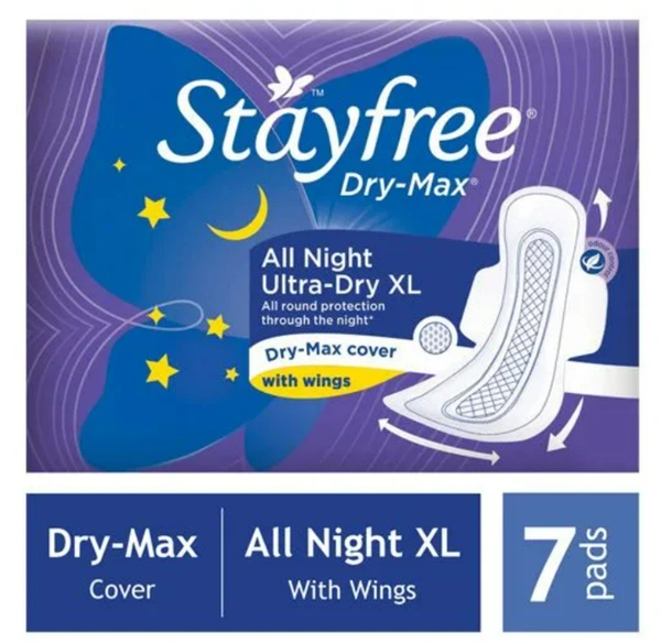 StayFree  Dry-Max, All Night Ultra-Dry XL, Dry-Max Cover with Wings 7N Pads