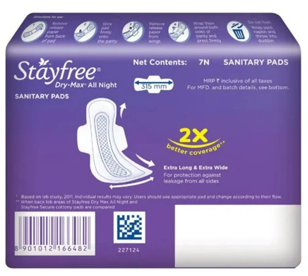 StayFree  Dry-Max, All Night Ultra-Dry XL, Dry-Max Cover with Wings 7N Pads