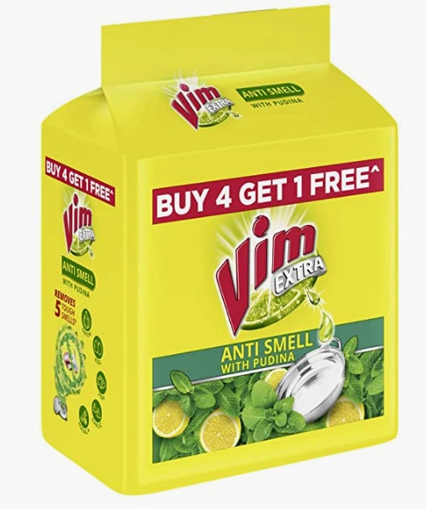 Vim Antismell with Pudina Dishwash Bar Buy 4 Get 1, 5x200gm