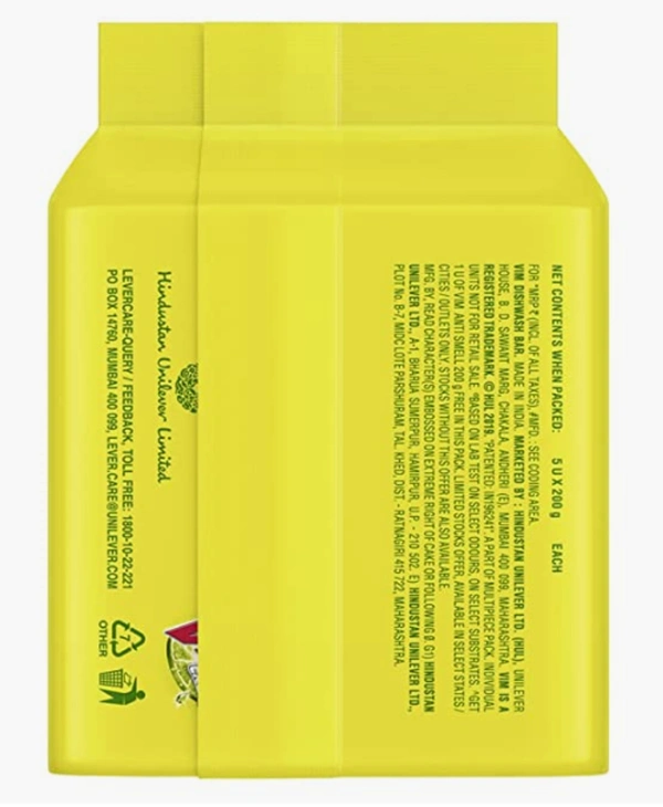 Vim Antismell with Pudina Dishwash Bar Buy 4 Get 1, 5x200gm