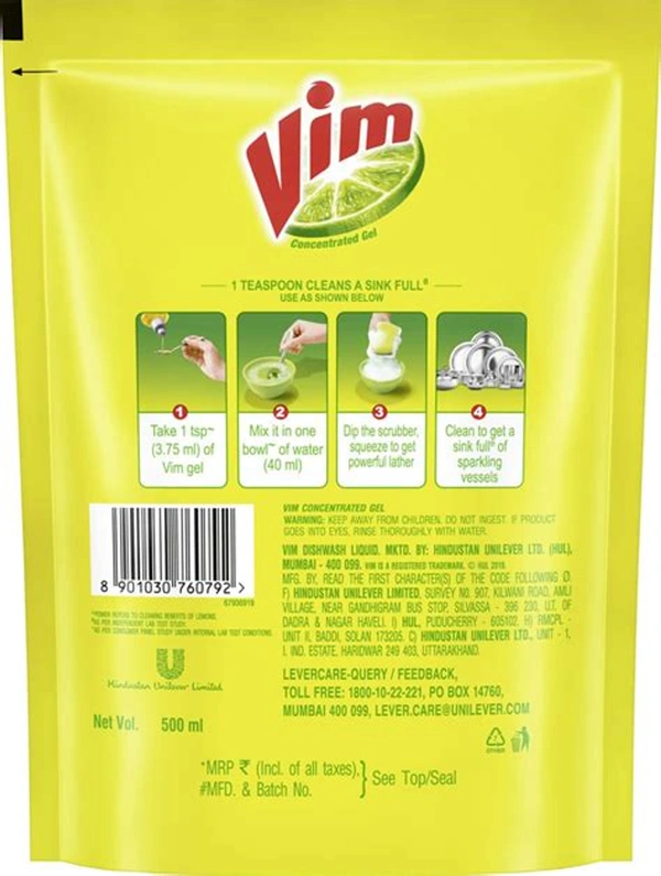 Vim Dishwash Liquid Gel Refill Pouch, Power of Lemons - 500ml