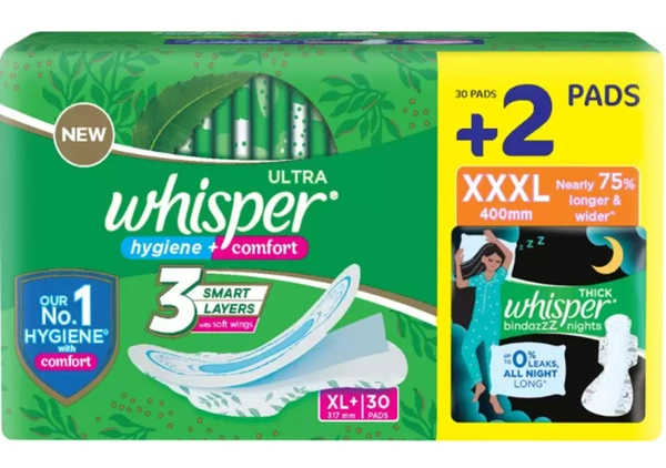 Whisper Ultra Hygiene + Comfort, 3 Smart Layers with soft wings, XL+, 30 pads