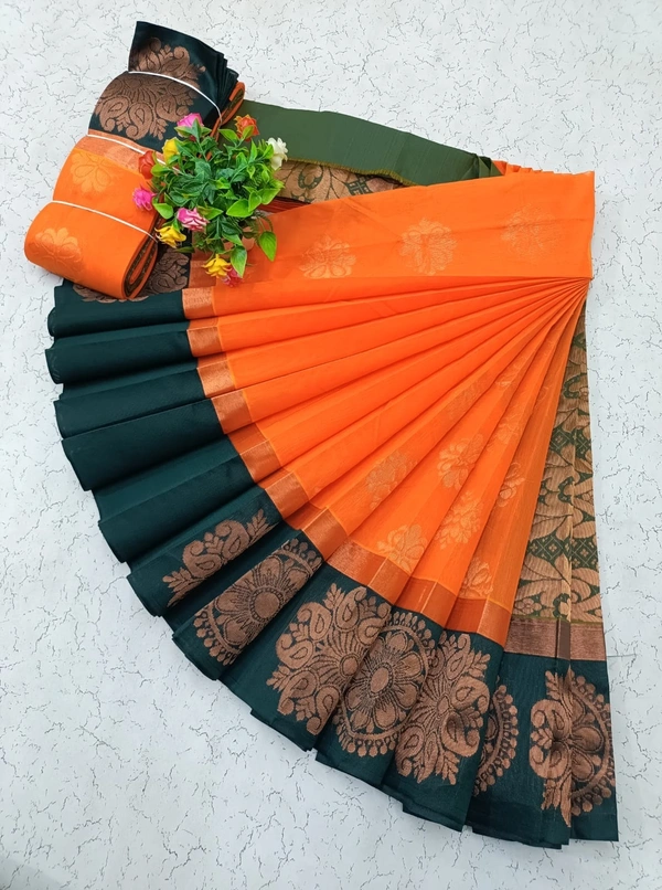 Uppada Type Rich Silk Cotton Korvai Kottanji Sarees - Dark Green and Orange
