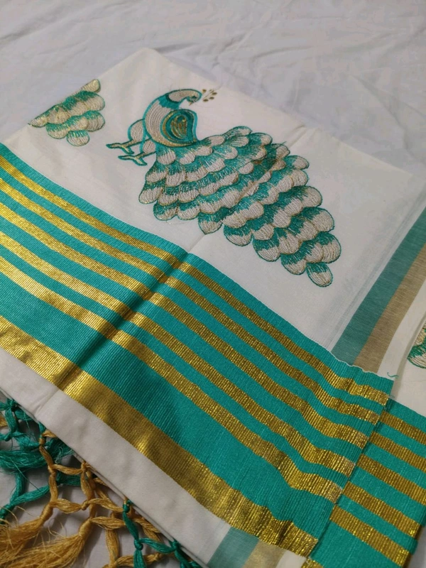 Peacock Embroidery Cotton Saree