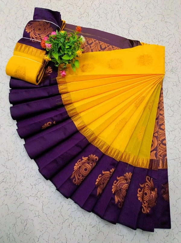 Uppada Type Rich Silk Cotton Korvai Kottanji Sarees - Yellow And Violet