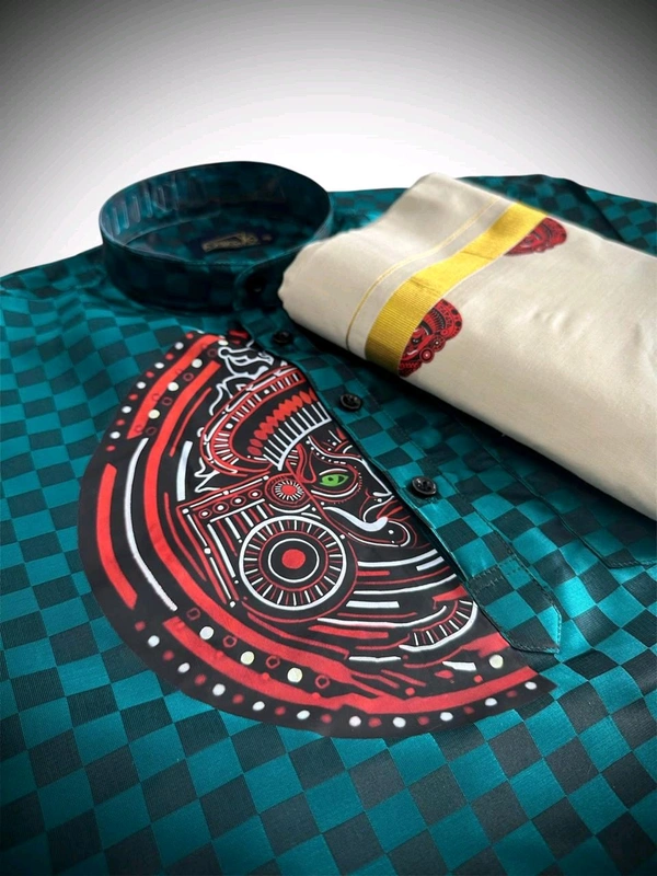 THEYYAM PRINTED SILK EMPOSE KURTA SET