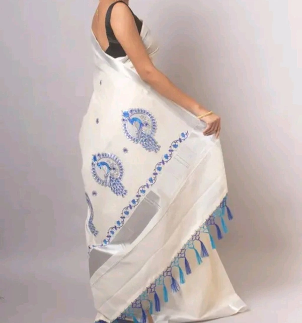 Onam Special embroidery Cotton Kerala saree ( Silver Peacock - Aqua Blue)