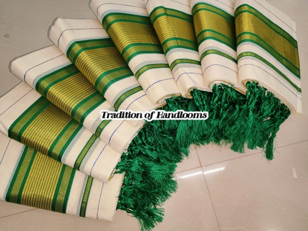 Green Color Set Mundu and Veshty with kunjalam
