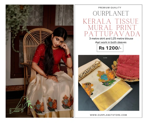 Kerala Tissue Mural Print Pattupavada,Material Only, Traditional Girls clothing | Kuthampully | OURPLANET