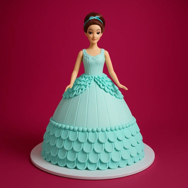 Aqua Scallop Gown Doll Cake