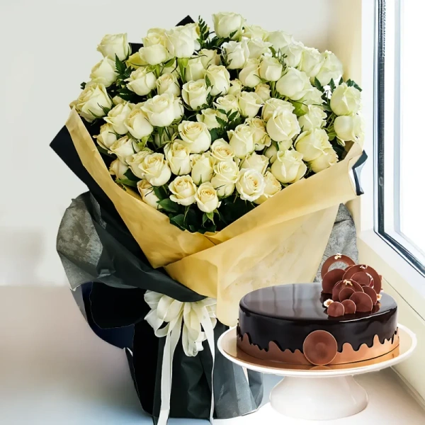 Bouquet Of White Roses N Cake