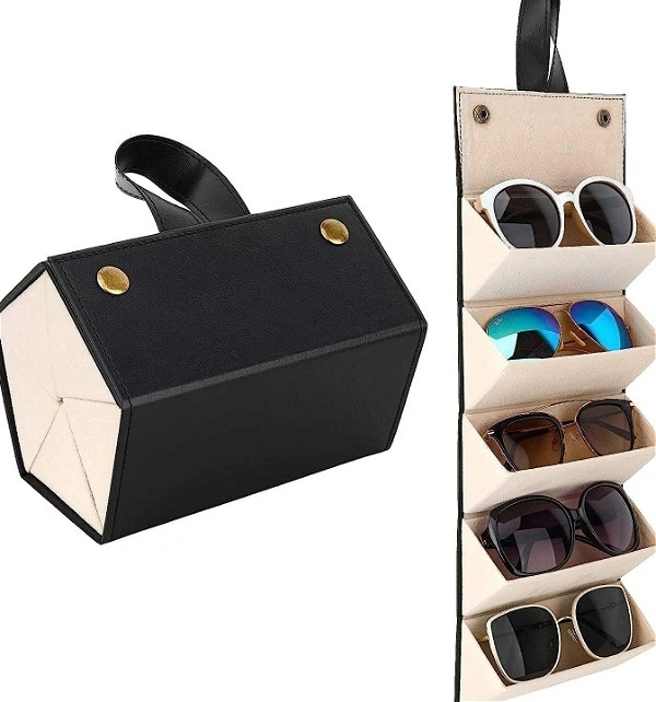 Black 5 Slots Foldable PU Leather Sunglasses Organizer