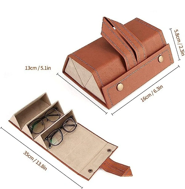 Brown 3 Slots Foldable PU Leather Sunglasses Organizer